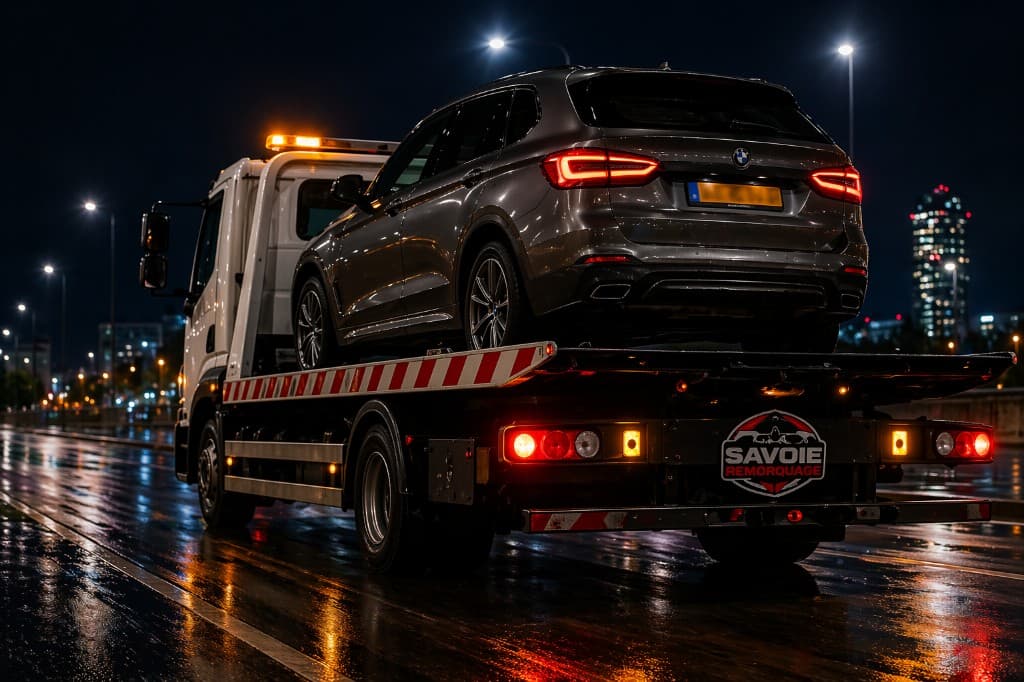Dépanneuse Savoie Remorquage la nuit en ville, véhicule sur plateau